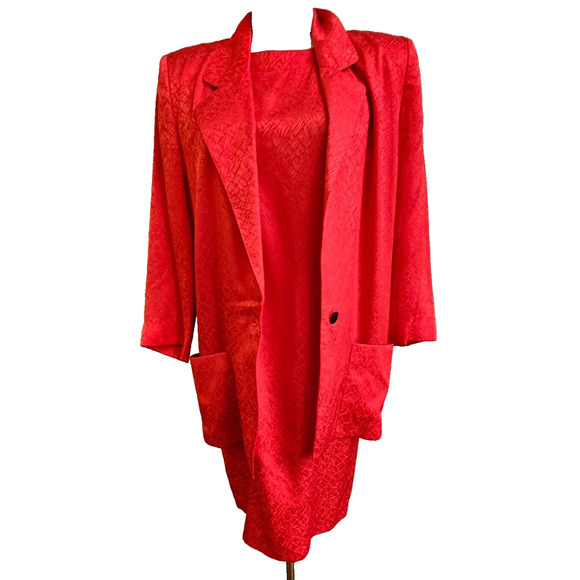 Vintage‎ 80s 100% Silk Liz Claiborne Red Sheath Dress & Jacket Set Sz 6 Petite - Picture 1 of 7